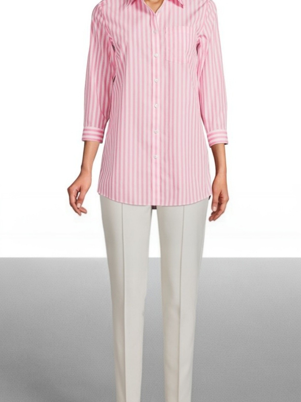 Lands' End 20W 100% Pima Cotton No-Iron Button Up Striped Tunic Shirt 3/4 Sleeve
